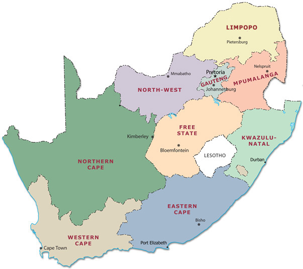 Províncias da África do Sul, Western Cape, Gauteng, KwaZulu-Natal, Limpopo